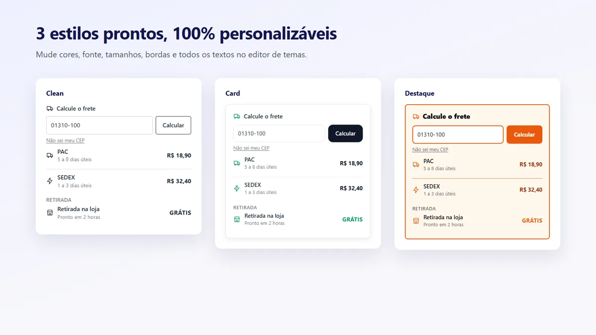Os três estilos prontos da calculadora: Clean, Card e Destaque